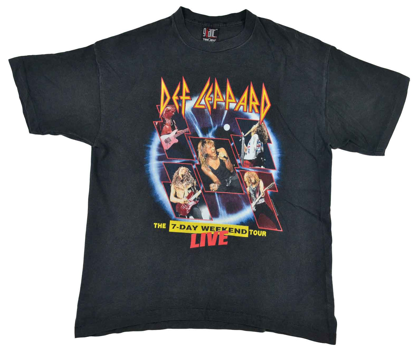 Vintage Def Leppard 1993 Adrenalize "7 Day Weekend" Tour Shirt The Adrenalize "Seven Day Weekend" World Tour was the first Def Leppard tour without guitarist Steve Clark, who died in January 1991 while the album Adrenalize was being recorded. The band were ranked number 31 in VH1´s "100 Greatest Artists of Hard Rock" and inducted into the Rock and Roll Hall of Fame in 2019. The te has a really good fade and vintage condition.