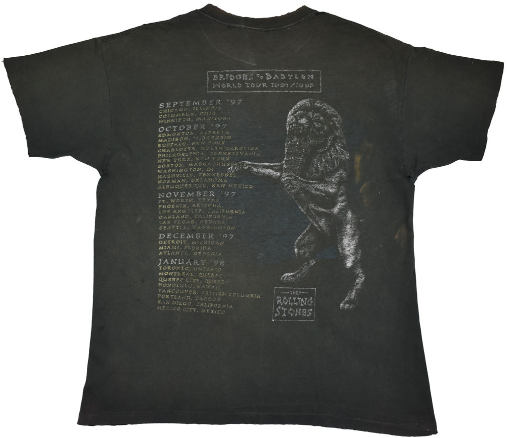 Vintage The Rolling Stones 1997 "Bridges To Babylon" Shirt Bridges To Babylon was the 21st studio album by The Rolling Stones. It reached no. 3 on the US Billboard 200 in 1997 and went platinum the same year. The shirt has a crazy distressed and vintage look. Some holes and stains allover the piece. See photos for a detailed look.