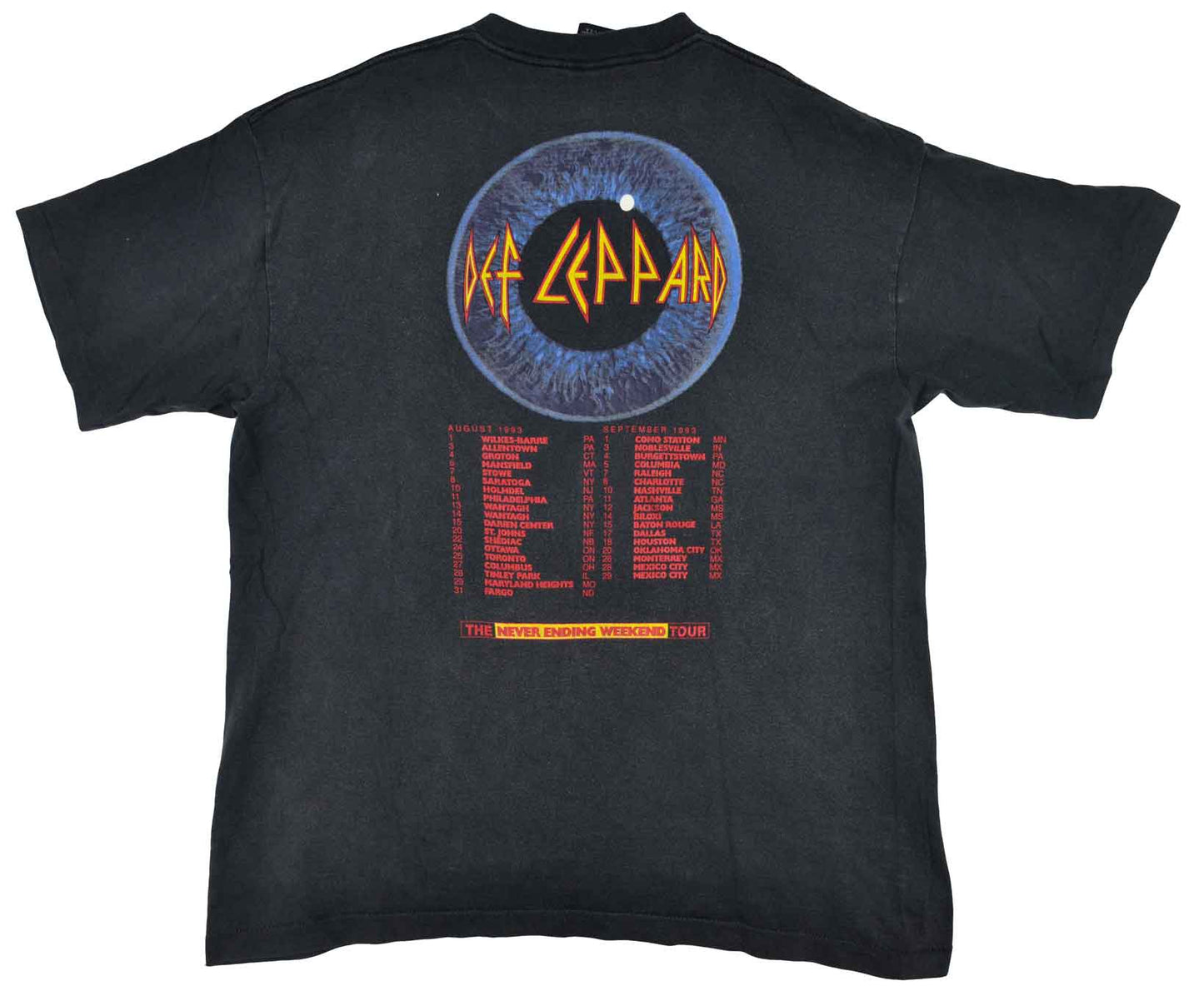 Vintage Def Leppard 1993 Adrenalize "7 Day Weekend" Tour Shirt The Adrenalize "Seven Day Weekend" World Tour was the first Def Leppard tour without guitarist Steve Clark, who died in January 1991 while the album Adrenalize was being recorded. The band were ranked number 31 in VH1´s "100 Greatest Artists of Hard Rock" and inducted into the Rock and Roll Hall of Fame in 2019. The te has a really good fade and vintage condition.