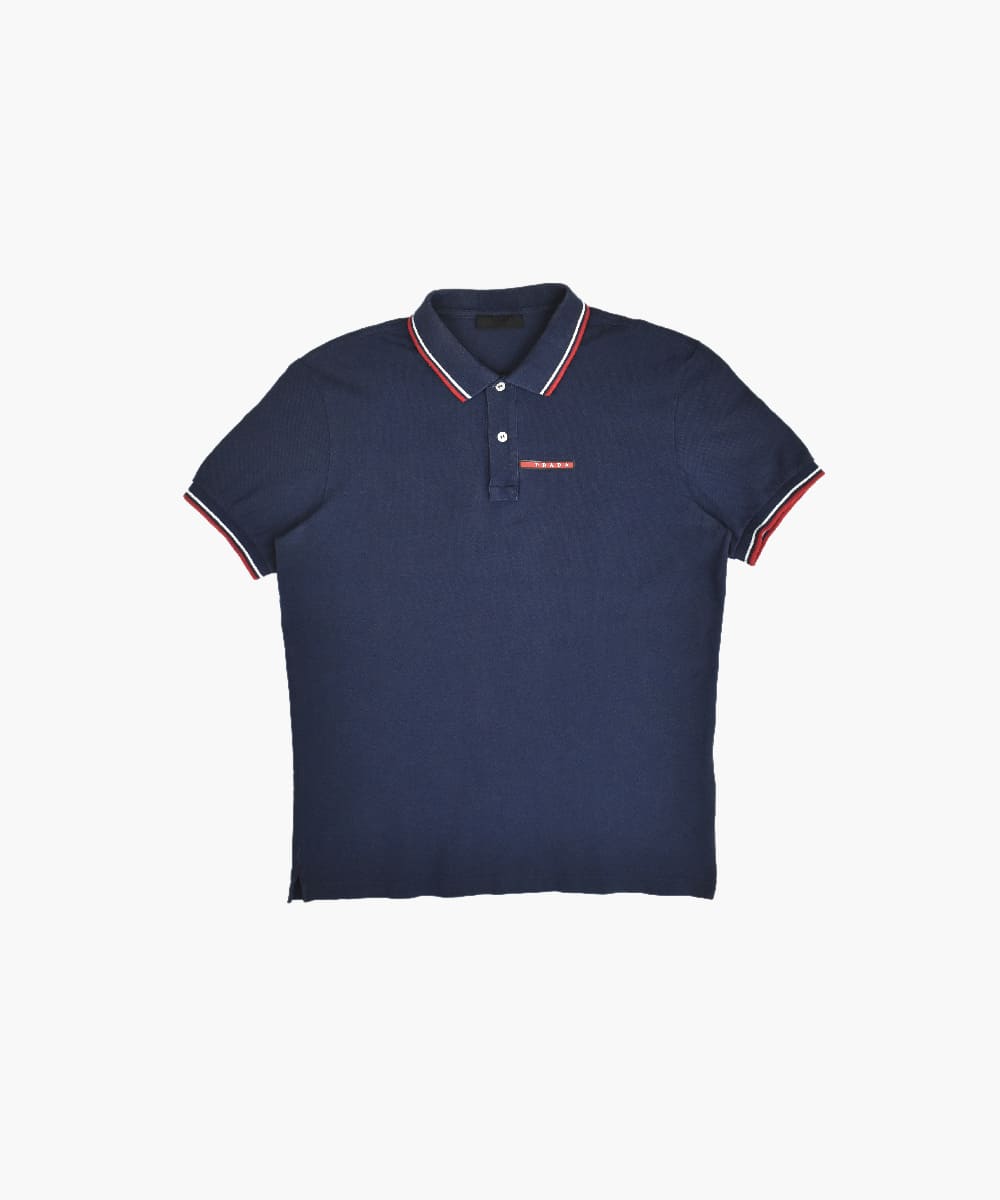 Archive Prada polo shirt ポロシャツ 19aw navy Prada triangle-logo Cotton Polo Shirt | Blue | FARFETCH RO