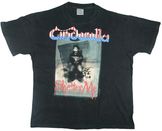 Vintage Band T-Shirt 1991 Cinderella "Shelter Me"  "Shelter Me" was the lead single from Cinderella´s third album, Heartbreak Station. It peaked at #36 on the Billboard Hot 100. The band emerged in the mid-1980s with a series of multi-platinum albums and hit singles whose music videos received heavy MTV rotation.