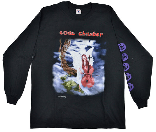 Vintage Coal Chamber 1999 "Chamber Music" Band Shirt  Chamber Music is the second studio album by American nu metal band Coal Chamber. It is the band's most successful album. Because of that success, the band managed to catch the attention of Ozzy Osbourne's wife Sharon Osbourne, who became their manager. The tee has a deadstock condition.