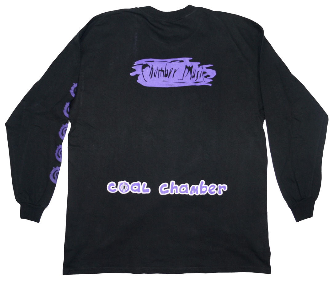 Vintage Coal Chamber 1999 "Chamber Music" Band Shirt  Chamber Music is the second studio album by American nu metal band Coal Chamber. It is the band's most successful album. Because of that success, the band managed to catch the attention of Ozzy Osbourne's wife Sharon Osbourne, who became their manager. The tee has a deadstock condition.