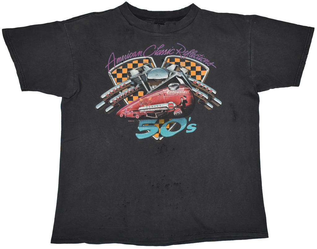 Vintage Harley Davidson 1998 "American Classic Reflections" Shirt  Vintage Harley Davidson shirt with a crazy distressed and fade. The shirt has some holes and stains. Perfect vintage look. See photos for a detailed look.