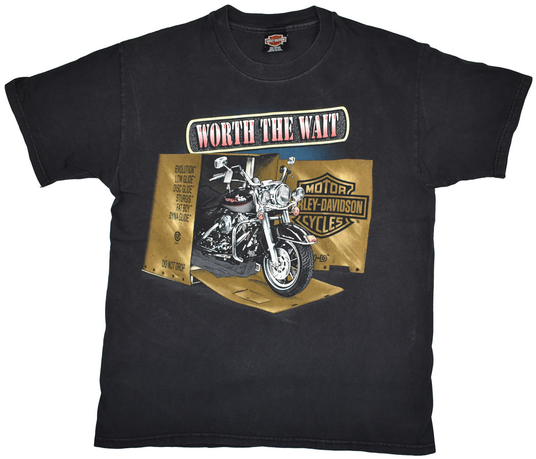 Vintage Harley Davidson 1997 "Worth The Wait" Shirt  Vintage Harley Davidson shirt with really cool front and back graphics. The shirt has a really good vintage look. See photos for a detailed look. 