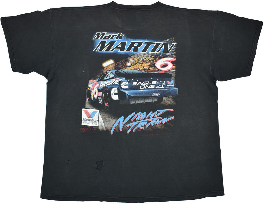 Vintage Nascar 00s Mark Martin "Night Train" Shirt  Vintage Nascar shirt from the American drive Mark Martin. The shirt has a really good vintage look and crazy vintage details. Some distressed and stains on the piece. See photos for a detailed look.