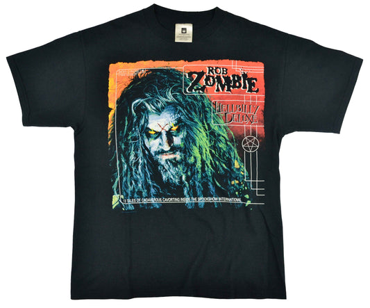 Vintage Rob Zombie 1998 "Hellbilly Deluxe" Band Shirt  "Great things come out of being hungry and cold. Once you're pampered, you get lazy". This shirt comes from his first solo album "Hellbilly Studio". Zombie's music has been described as "melding metal with industrial, hypnotic rhythms and haunting sounds". A fun fact is that Rob is vegan. The tee has a cool vintage look.