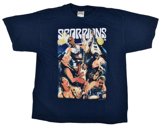 Vintage Band T-Shirt 1999 Scorpions "Eye II Eye"  "There were tailgate parties in the parking lot, girls dressed up to go to a concert, guys rocked out, singing all the songs. Fun's back". The album "Eye II Eye" has a significant change in the band's style, mixing in elements of pop and techno. The tee has a really good vintage condition.