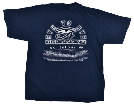 Vintage Band T-Shirt 1999 Scorpions "Eye II Eye"  "There were tailgate parties in the parking lot, girls dressed up to go to a concert, guys rocked out, singing all the songs. Fun's back". The album "Eye II Eye" has a significant change in the band's style, mixing in elements of pop and techno. The tee has a really good vintage condition.