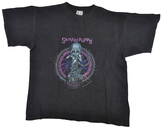 Vintage Skinny Puppy 1993 Band Shirt Skinny Puppy is a Canadian industrial music group. Is widely considered to be one of the founders of the industrial rock and electro-industrial genres. The tee has a perfect fade and a crazy vintage look.