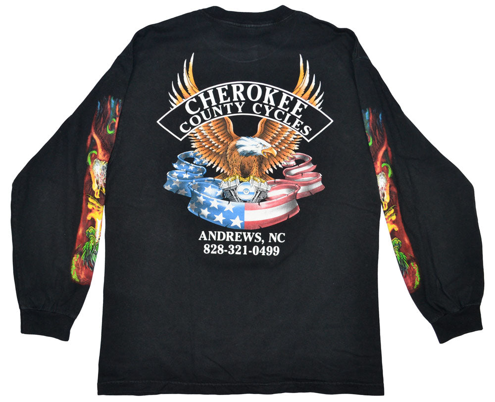 Vintage Black Cherokee County Cycles 2000 Long-Sleeve Shirt  Vintage motorcycle long-sleeve shirt Black Cherokee County Cycles with crazy graphics and details. The shirt has a really good vintage condition.