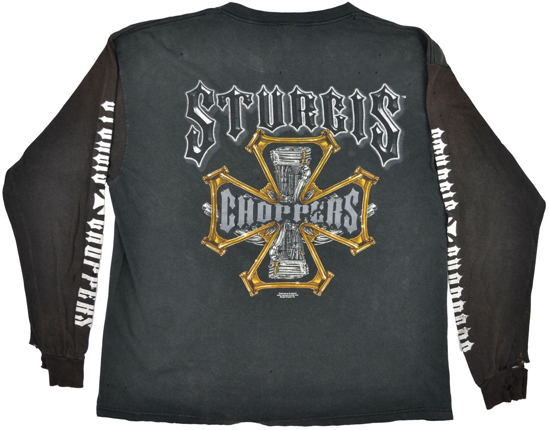 Vintage Sturgis Choppers 00s Long-Sleeve Shirt  Vintage Sturgis shirt with a really good vintage look. Some stains allover the shirt. Holes at the sleeves and allover the piece. See photos for a detailed look.